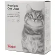 Lysegrå eske med Selected by ZOO Premium Cat Litter uparfymert 10 liter og en gråstripet katt i rasterprint