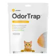 Hvit pose med Whisker OdorTrap 6-pakning, oransje detaljer og en katt som titter opp nederst