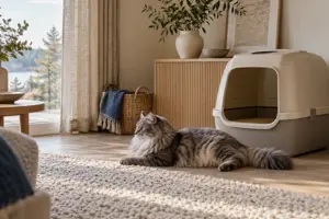 En stor, langhåret grå katt som ligger på et ullteppe ved siden av en stor beige kattedo med tak i hjørnet av en lys stue