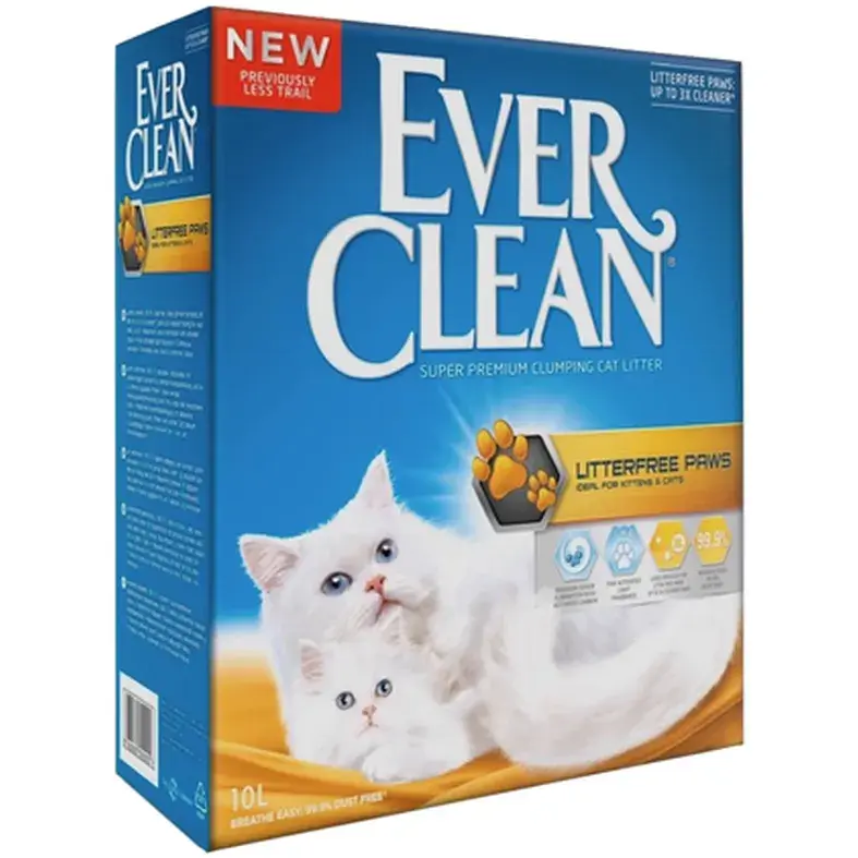 Blå og gul eske med Ever Clean Litterfree Paws kattesand på 10 liter, med en hvit katt og en kattunge