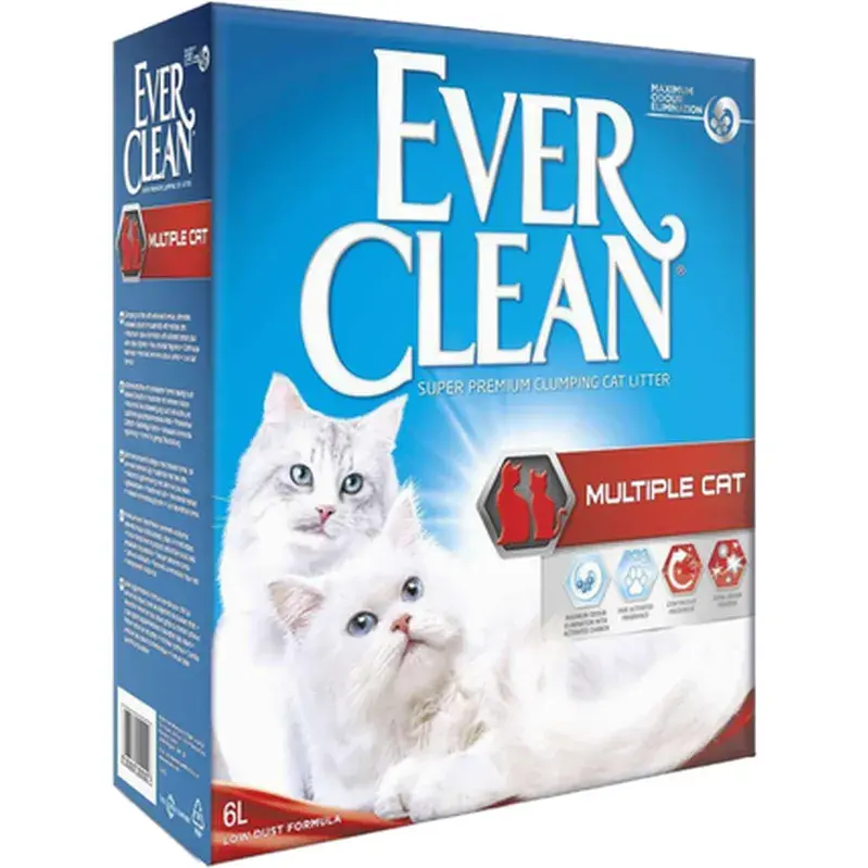 Blå og rød eske med Ever Clean Multiple Cat kattesand og to hvite katter, bildet viser 6-litersesken