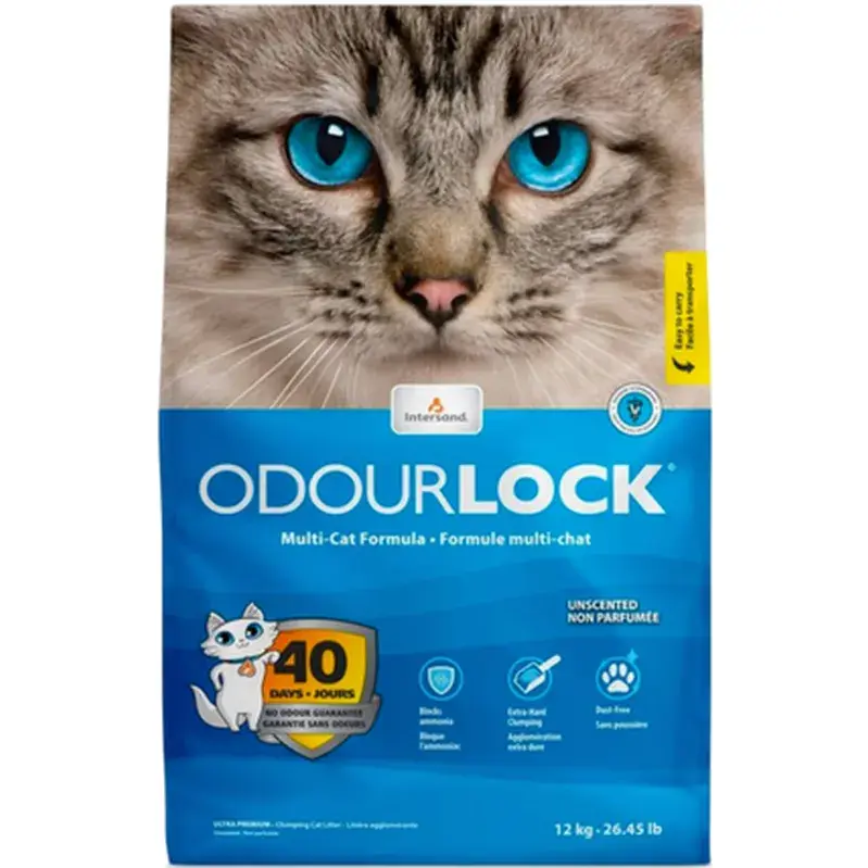 Blå sekk med Intersand Odourlock uparfymert kattesand på 12 kg med nærbilde av en grå katt og merket 40 dager