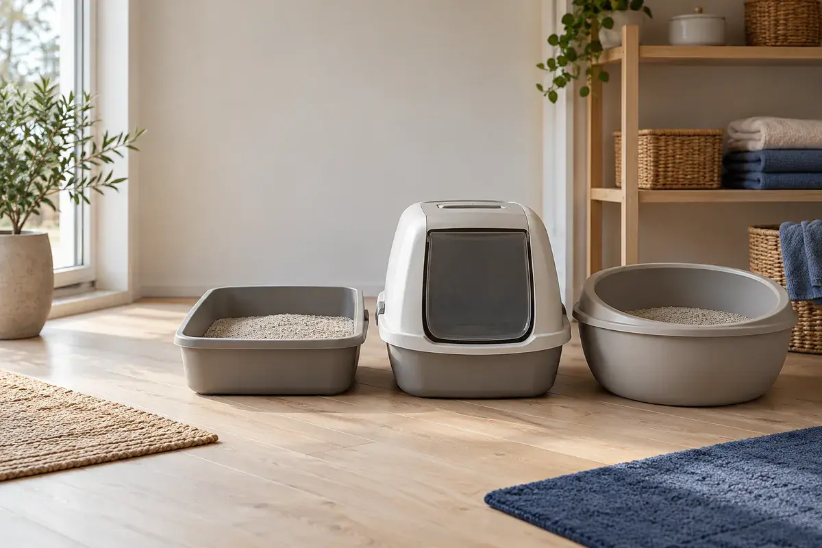 Tre ulike kattedoer side om side på et lyst tregulv: en lav åpen bakke, en do med tak og luke og en rund do, i grått og beige