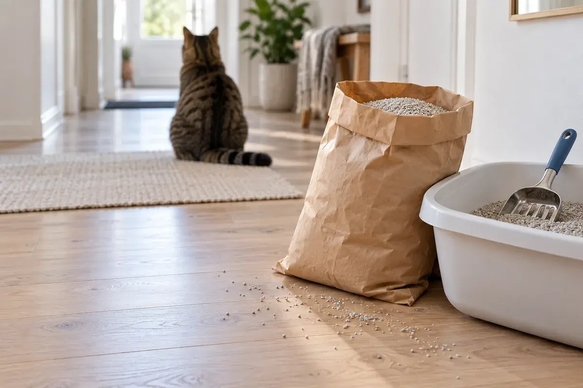En umerket papirsekk med lysegrå kattesand lent mot en hvit kattedo med en metallspade på kanten i en lys gang, med noen sandkorn på tregulvet og en katt sett bakfra i bakgrunnen