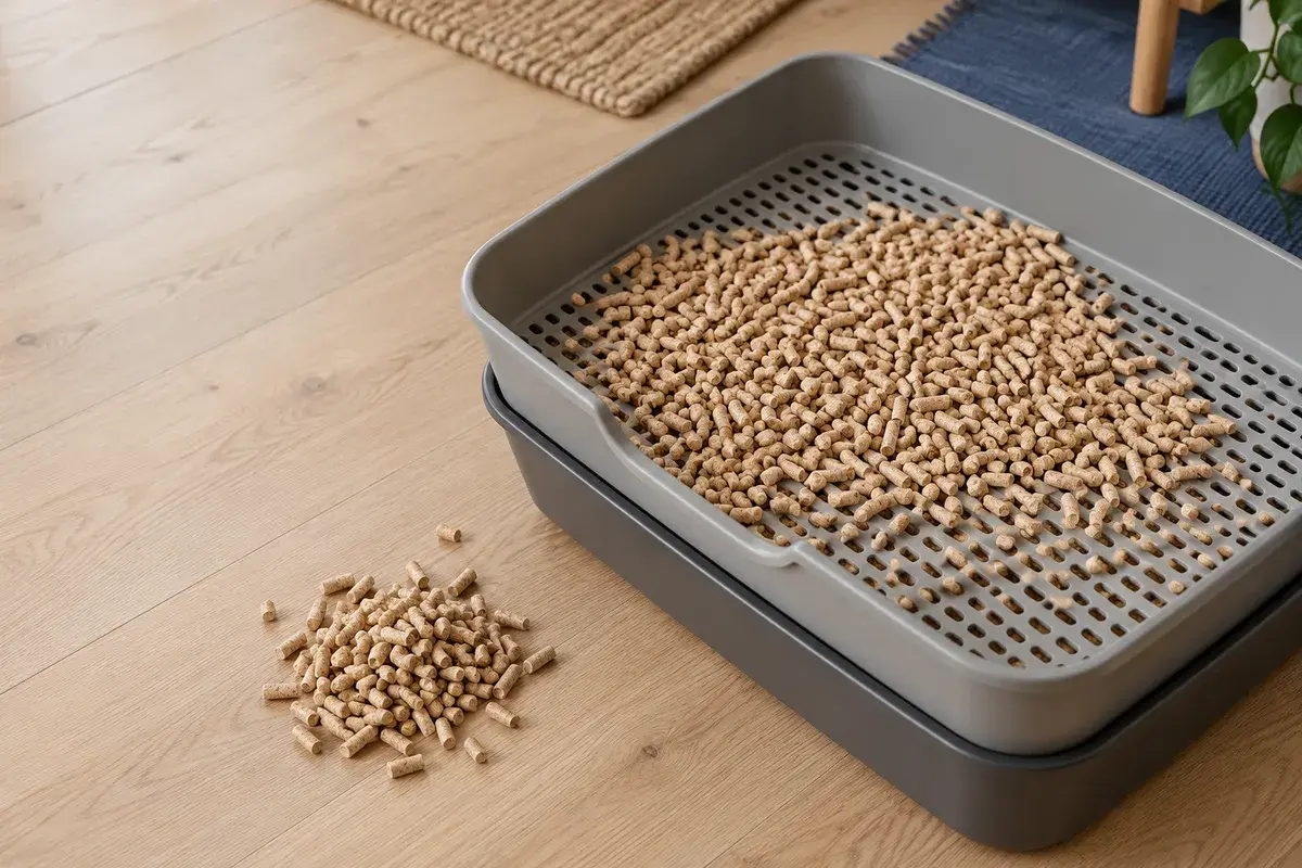 Lysebrune trepellets på en grå perforert rist i en kattedo med to skuffer, sett ovenfra på et lyst tregulv, med en liten haug løse pellets ved siden av