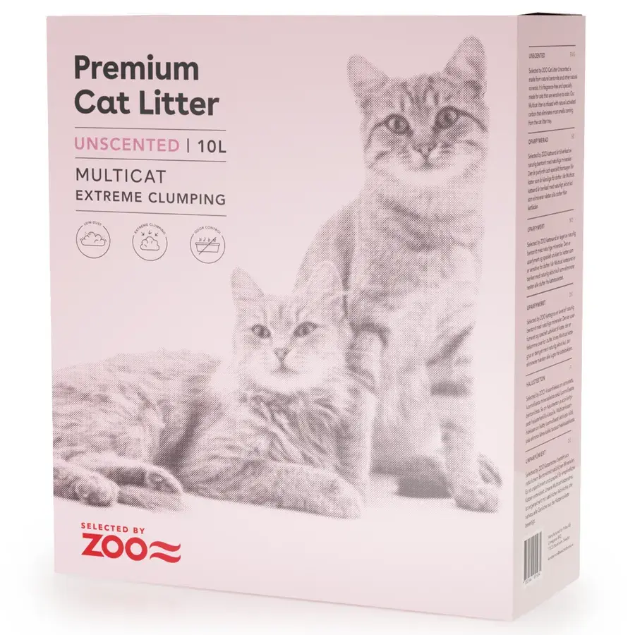 Lyserosa eske med Selected by ZOO Premium Cat Litter Multicat uparfymert 10 liter og to katter i rasterprint