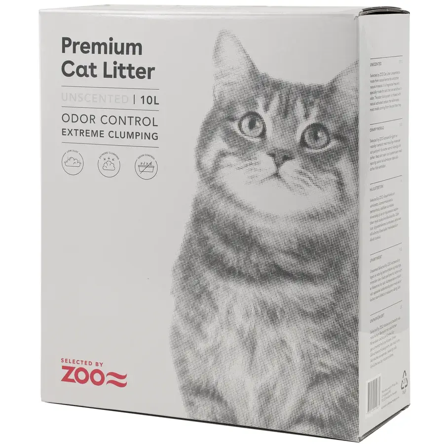 Lysegrå eske med Selected by ZOO Premium Cat Litter uparfymert 10 liter og en gråstripet katt i rasterprint